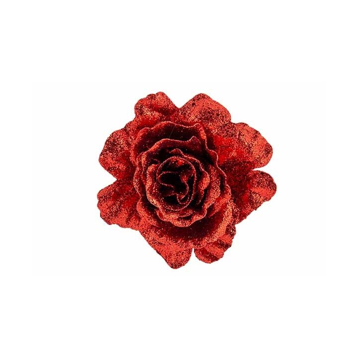 A vibrant red flower with glittery petals, showcasing rich texture and intricate details.