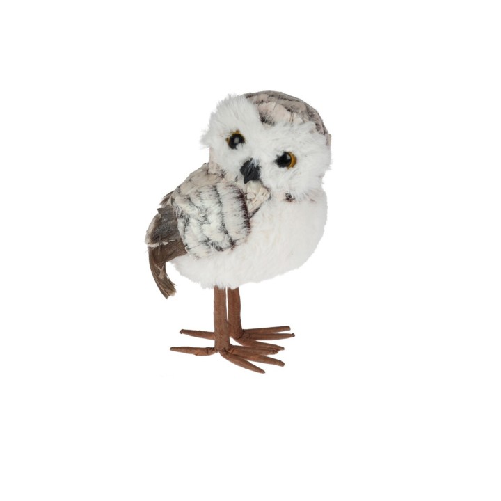 Chouette en peluche blanche et grise, aux yeux brillants et pattes en feutre.