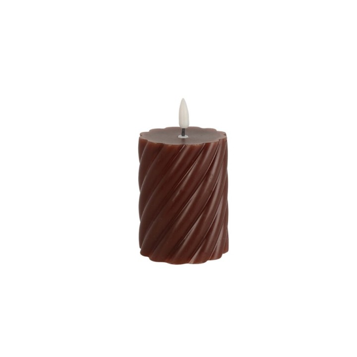 A twisted brown candle with a subtle flame on top, exuding warmth and elegance.