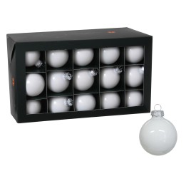 A box containing 16 shiny white Christmas ornaments, one displayed beside.