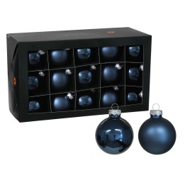 Zwart doosje met vijftien glanzende, donkerblauwe kerstballen in verschillende afwerkingen.