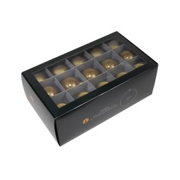 A sleek black box containing twelve shiny golden spheres arranged neatly inside.
