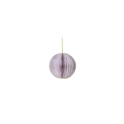 Boule décorative en papier plié, couleur lavande, suspendue par un fil doré.