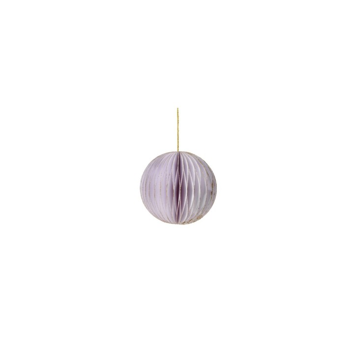 A delicate lavender paper lantern with a honeycomb texture, suspended by a gold string.
