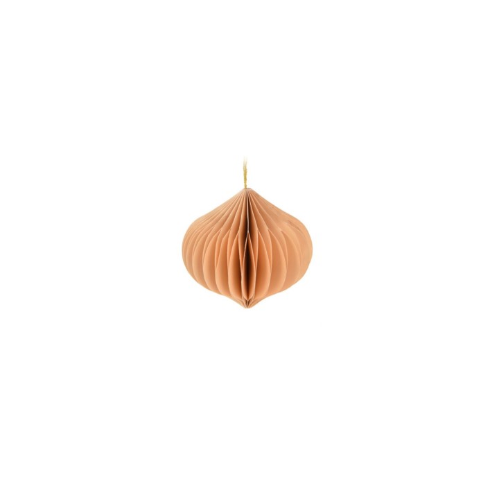 A delicate, peach-colored honeycomb ornament with elegant folds and a gold string.