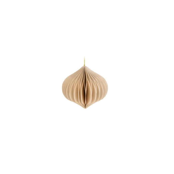 A beige, pleated ornament with a bulbous shape, hanging delicately.