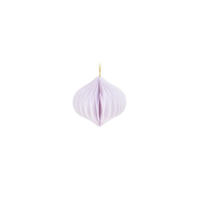 A delicate lavender paper ornament with soft pleats and a golden string for hanging.