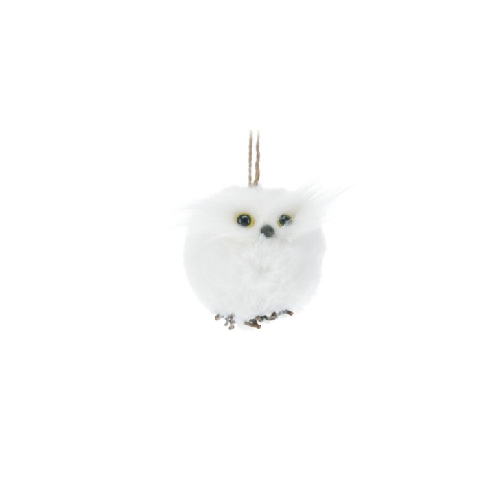 A fluffy white owl ornament with large eyes, suspended by a natural twine.