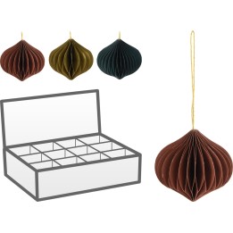 Ornements en papier en forme de bulbe, dans des teintes terreuses, avec boîte de rangement.