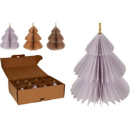 Arbres en papier plissé, teintes douces, présentés dans une boîte en carton.