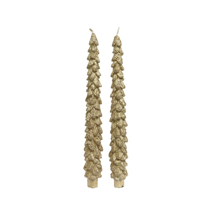 Two tall, gold candlesticks shaped like Christmas trees, glimmering with a festive sparkle.