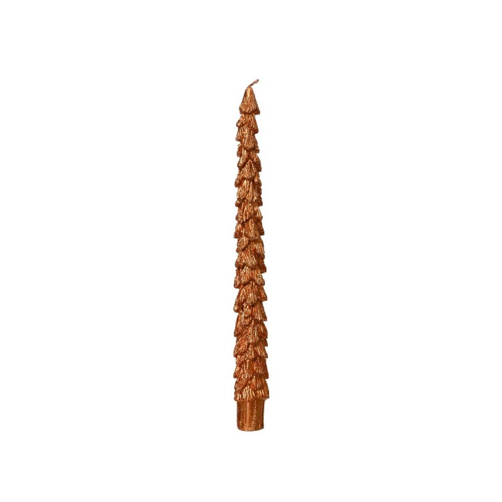 A tall, slender candle shaped like a pine tree, shimmering in warm copper tones.
