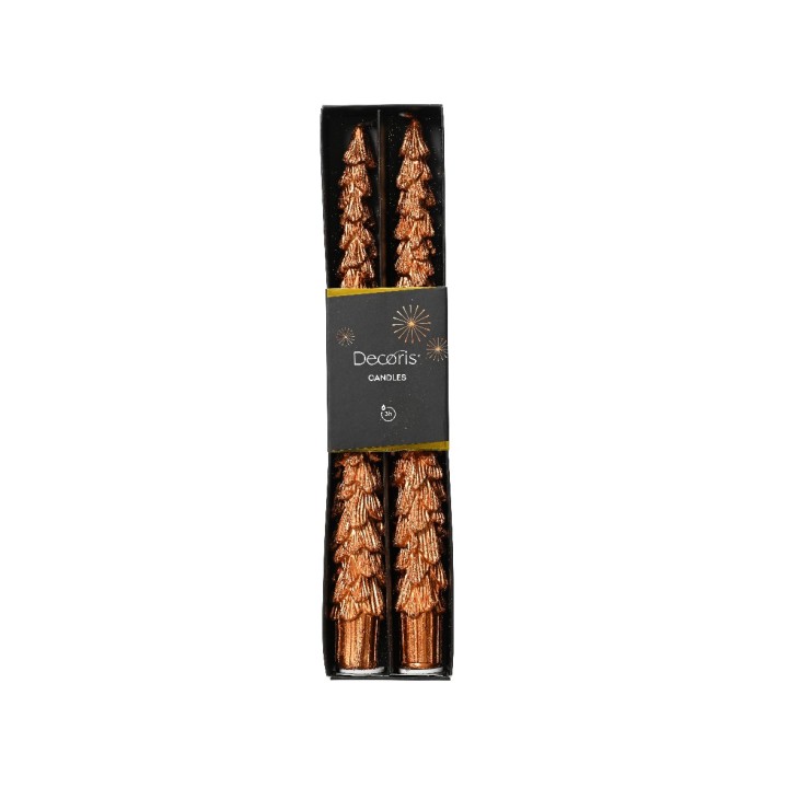 Two copper-colored tree-shaped candles in a sleek black box.