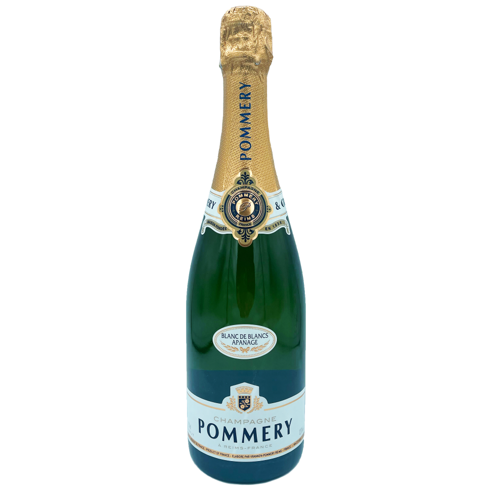 Bouteille de champagne élégante, étiquette bleue et dorée, verre transparent et brillant.