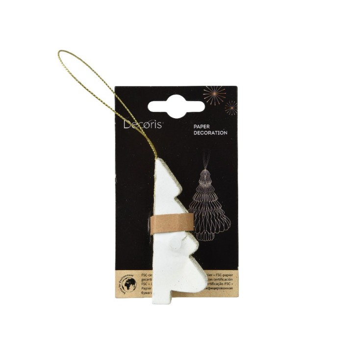 A white paper tree ornament with a simple design, attached to a gold string.