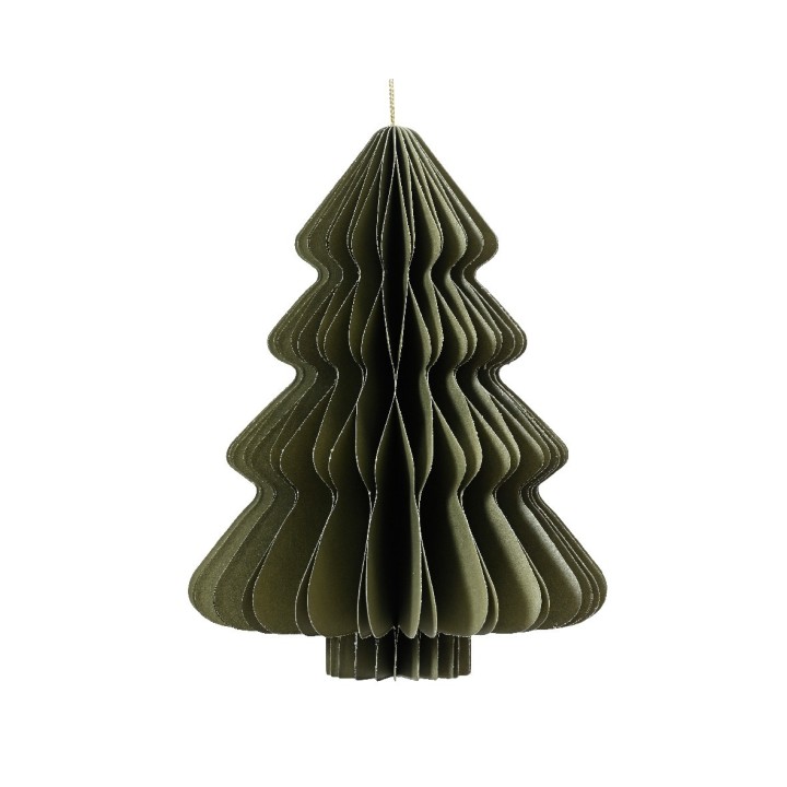 A textured, green paper Christmas tree with layered, scalloped edges.
