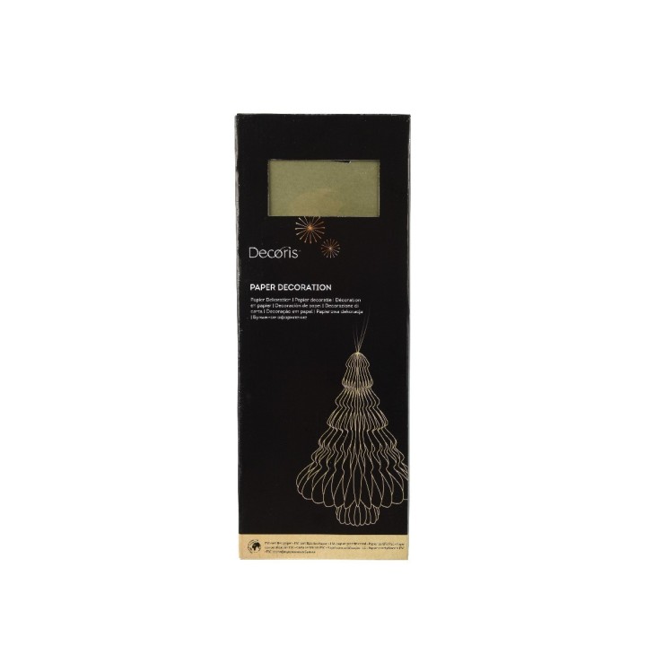 A sleek black box featuring a golden outline of a paper Christmas tree decoration.