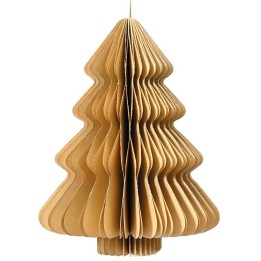 Arbre de Noël en papier marron, en forme de cône, plié en accordéon, minimaliste et élégant.