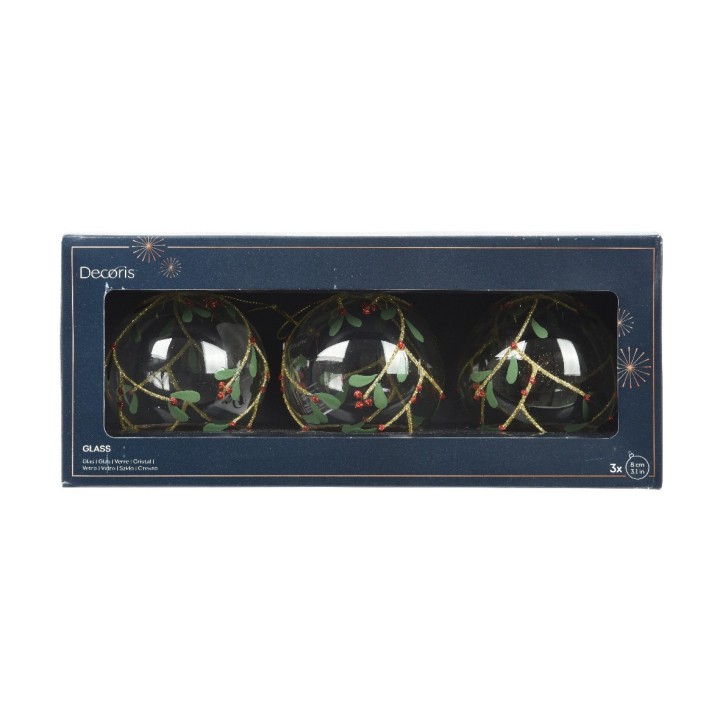 Three decorative glass ornaments with green foliage designs, elegantly packaged in a dark box.