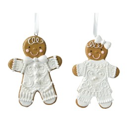 Twee vrolijke peperkoekmannetjes met witte icing, een met strik en de ander met strikje.