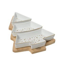 Three triangular white serving dishes with gold trim, arranged on a wooden tray.