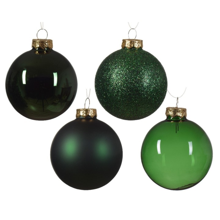 Four green Christmas ornaments: glossy, matte, and glittery textures, with gold tops.