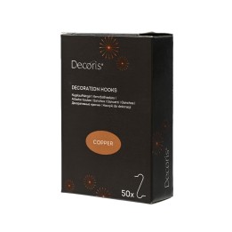 A sleek black box with copper accents, containing 50 decorative hooks.