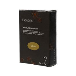 A sleek black box containing 50 gold decoration hooks, adorned with festive designs.