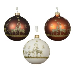 Three festive Christmas ornaments: brown, white, and gold, featuring reindeer and snowflakes.