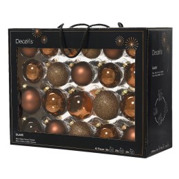A black box filled with shiny brown and gold Christmas ornaments.