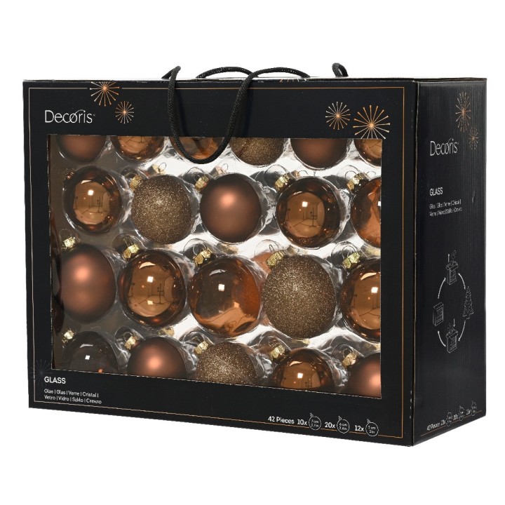 Boîte noire transparente contenant des boules décoratives brunes et dorées pour Noël.
