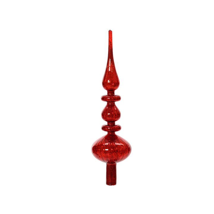 A tall, elegant red glass ornament with a pointed top and rounded base.
