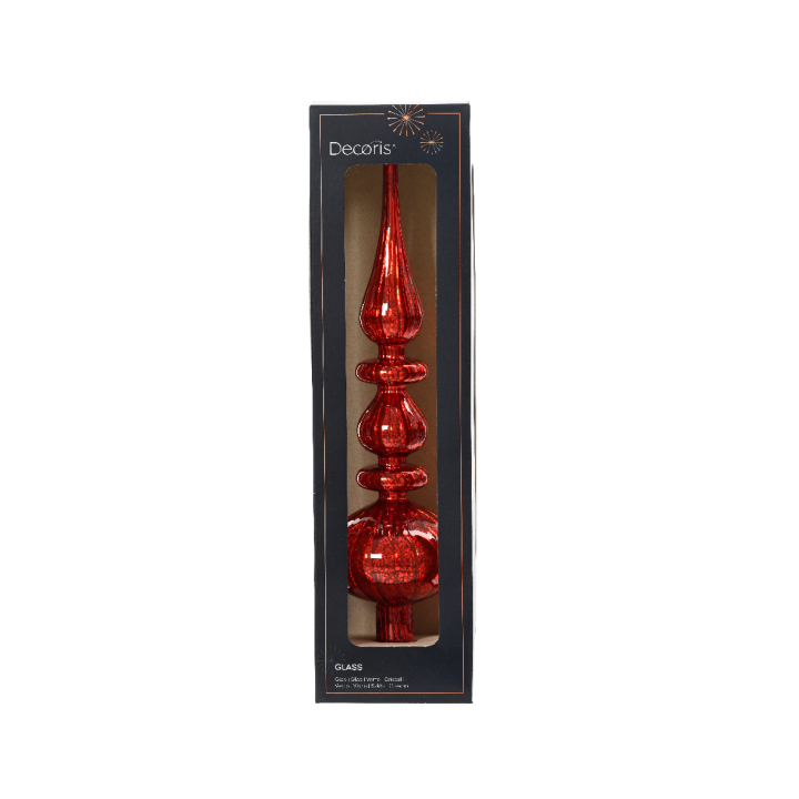A shiny red Christmas tree topper with a pointed design in a sleek black box.