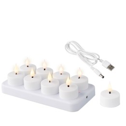 Dix bougies LED blanches avec recharge USB, créant une ambiance chaleureuse et douce.