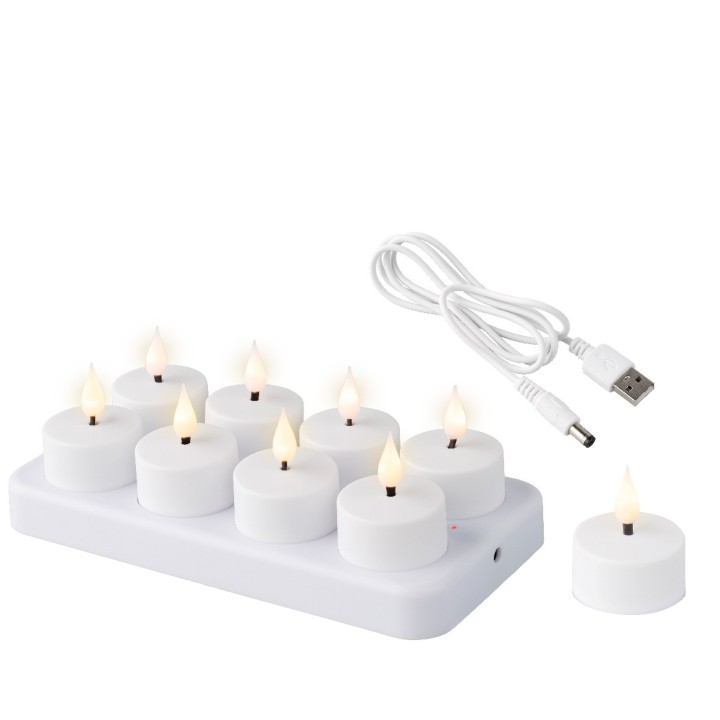 Dix bougies LED blanches avec recharge USB, créant une ambiance chaleureuse et douce.