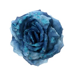A textured blue flower with shimmering accents, showcasing delicate petals and soft curves.