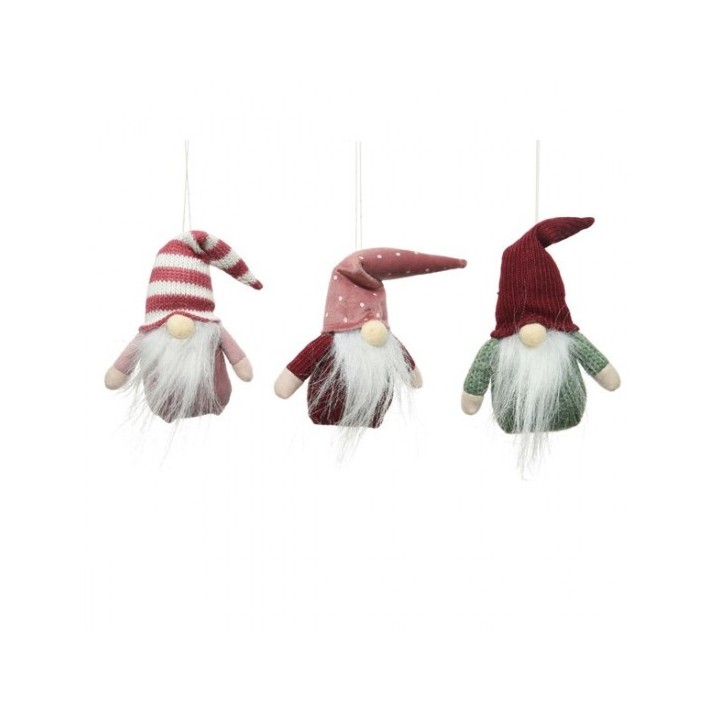 Three whimsical gnomes with long beards, colorful hats, and soft, textured bodies.