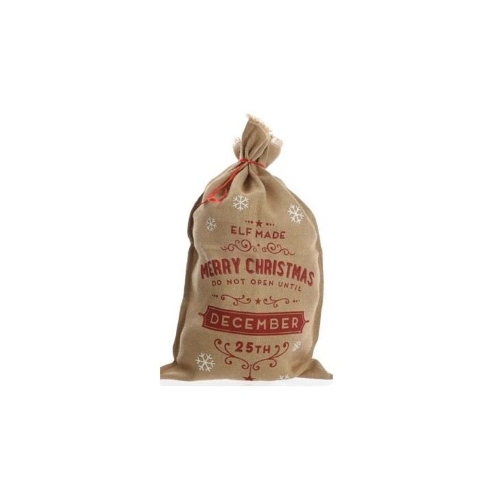A festive burlap sack with red lettering and snowflakes, marked for Christmas gifts.