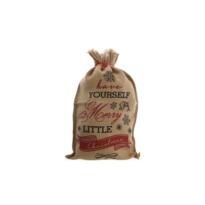A burlap sack with festive red and black lettering, adorned with snowflakes.
