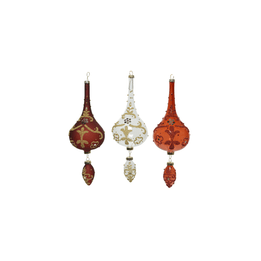 Ornements de Noël en verre, rouges et blancs, ornés de motifs dorés délicats.