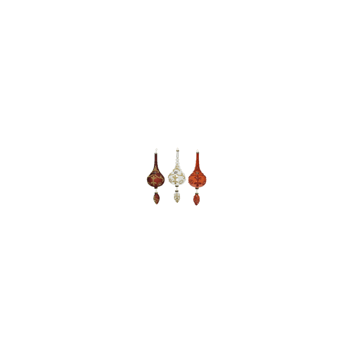 Three ornate, teardrop-shaped ornaments in red and gold, elegantly decorated.