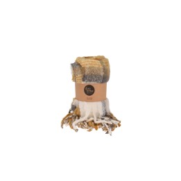 A cozy, woven blanket in warm tones of yellow and gray, finished with fringed edges.