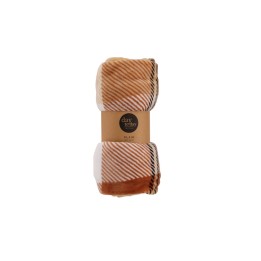 Étoffe douce aux teintes chaudes, motifs rayés avec nuances de beige et caramel.