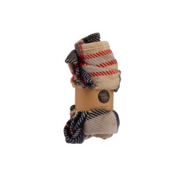 Cozy rolled-up socks with a striped pattern in beige, red, and navy colors.