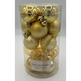 Boules de Noël dorées, variées en textures, présentées dans un élégant contenant transparent.