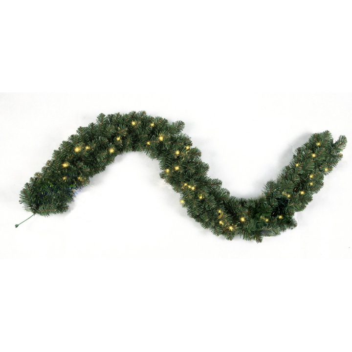 A wavy green garland adorned with warm white lights, creating a festive ambiance.