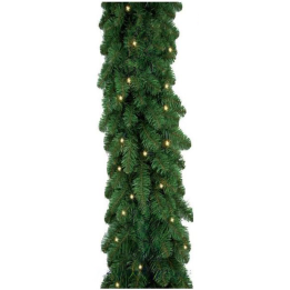 A lush green garland adorned with small warm white lights.
