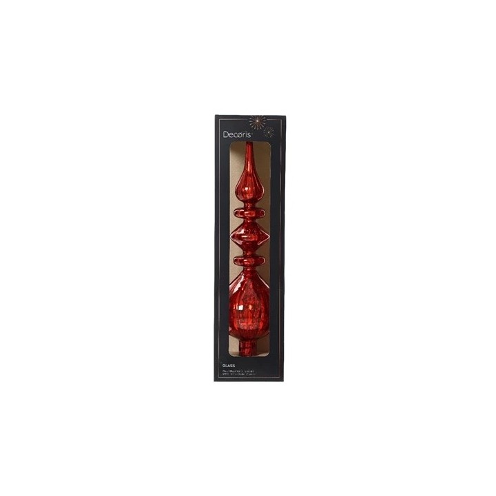A tall, elegant red glass vase with distinct shapes, packaged in a sleek black box.