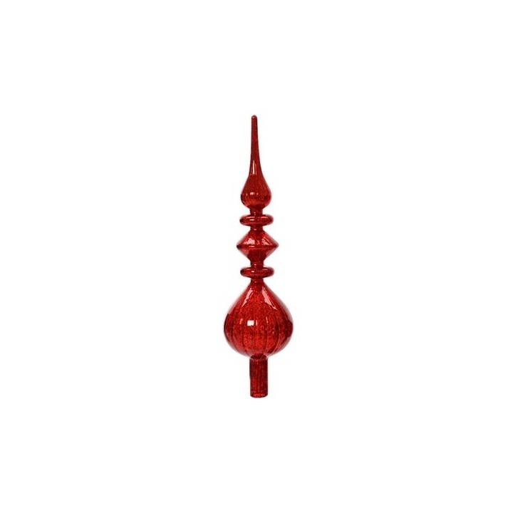 A tall, elegant red glass ornament with a pointed top and bulbous shapes.
