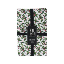 A festive table runner with a white background, adorned with green holly leaves and red berries.